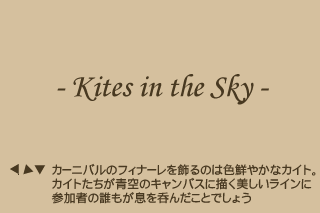 [カイト]カーニバルのフィナーレを飾るのは色鮮やかなカイト。カイトたちが青空のキャンバスに描く美しいラインに参加者の誰もが息を呑んだことでしょう